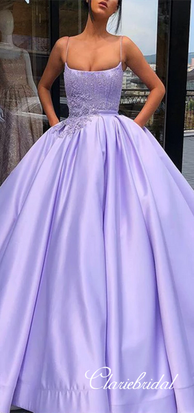 Spaghetti Long Lilac Satin Lace Ball Gown Dresses, Long Prom Dresses, Popular Prom Dresses