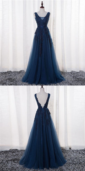 Navy Lace Beaded Prom Dresses, A-line Appliques Prom Dresses, Popular Prom Dresses
