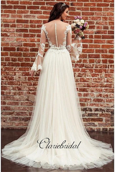 Long Lace Sleeves Bride Dresses with See-through Neckline，Wedding Dresses