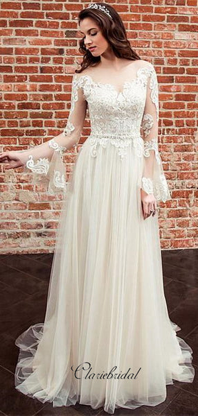 Long Lace Sleeves Bride Dresses with See-through Neckline，Wedding Dresses