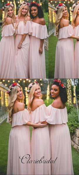 Off Shoulder Blush Pink Chiffon Long Bridesmaid Dresses