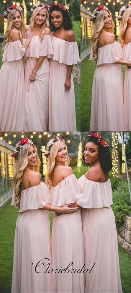 Off Shoulder Blush Pink Chiffon Long Bridesmaid Dresses