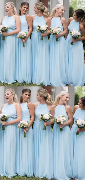 Light Blue Long A-line Chiffon Bridesmaid Dresses