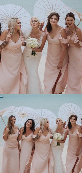 Blush Pink Chiffon Side Slit Beach Wedding Bridesmaid Dresses