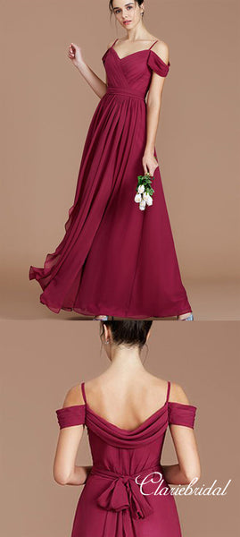 Burgundy Off Shoulder Long A-line Chiffon Bridesmaid Dresses