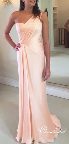 One Shoulder Peach Elastic Satin Elegant Long Bridesmaid Dresses