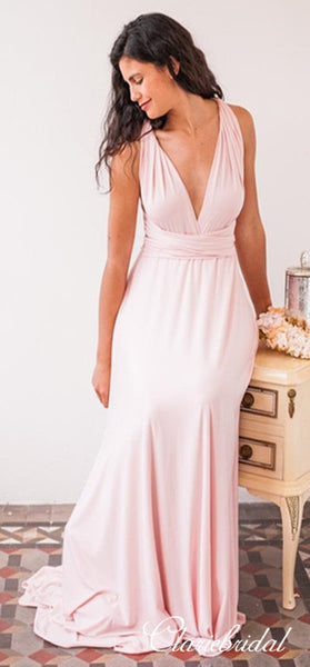 Convertible A-line Blush Pink Jersey Long Bridesmaid Dresses