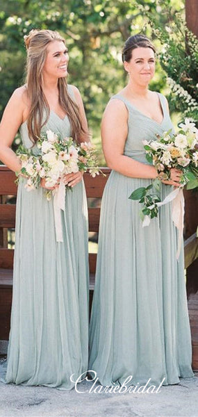 V-neck Dusty Green A-line Tulle Long Bridesmaid Dresses