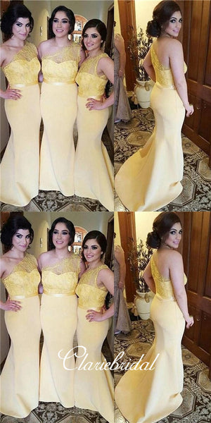 One Shoulder Lace Top Yellow Jersey Long Bridesmaid Dresses