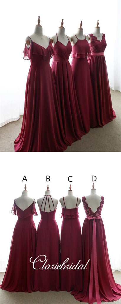 Mismatched Burgundy Chiffon Lace Long Bridesmaid Dresses ClaireBridal Mismatched Burgundy Chiffon Lace Long Bridesmaid Dresses ClaireBridal