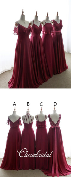 Mismatched Burgundy Chiffon Lace Long Bridesmaid Dresses