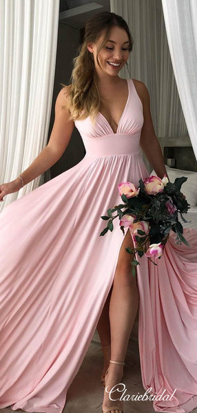 Pink V-neck Long A-line Jersey Side Slit Bridesmaid Dresses