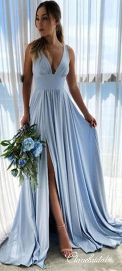 Blue V-neck Jersey Side Slit A-line Bridesmaid Dresses