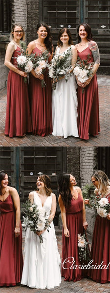 Rust Red A-line V-neck Simple Long Bridesmaid Dresses
