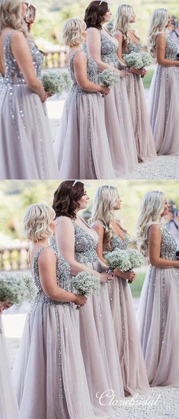 V-neck Long A-line Beaded Tulle Long Bridesmaid Dresses