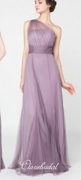 One Shoulder A-line Purple Tulle Long Bridesmaid Dresses