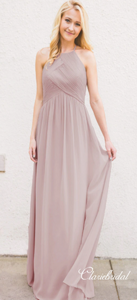 A-line Simple Design Open Back Chiffon Long Bridesmaid Dresses