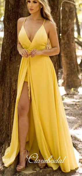 Spaghetti Long Front Slit Yellow Chiffon Bridesmaid Dresses