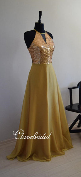 Newest Gold Sequin Elastic Satin A-line Bridesmaid Dresses