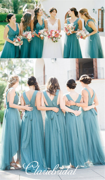 V-neck A-line Green Tulle Long Bridesmaid Dresses, Wedding Dresses