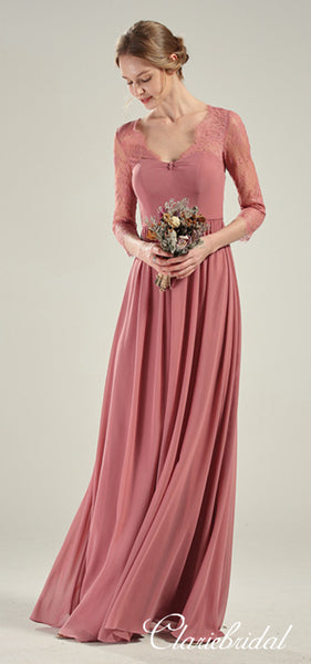 Half Sleeves Dusty Pink Chiffon Lace Long Bridesmaid Dresses