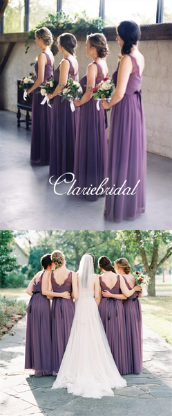 V-neck Purple Tulle A-line Long Bridesmaid Dresses