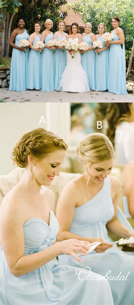 Mismatched Blue Chiffon A-line Long Bridesmaid Dresses