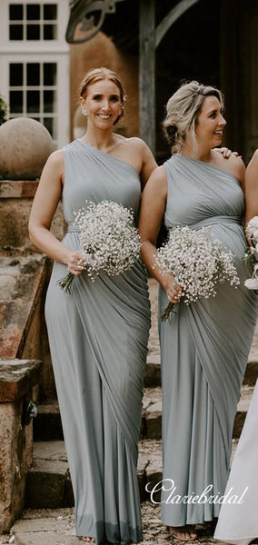 One Shoulder Sheath Grey Jersey Long Bridesmaid Dresses