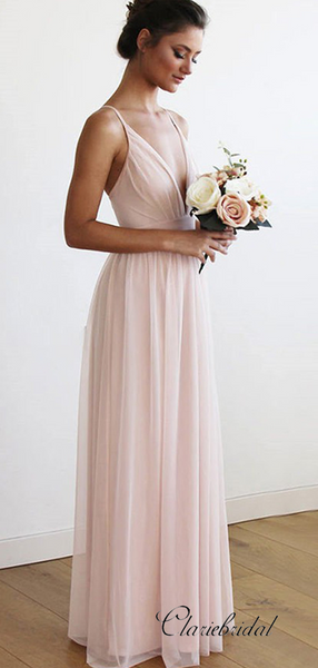 V-neck Blush Pink Chiffon Long Bridesmaid Dresses