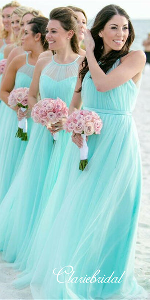 Illusion A-line Tulle Long Bridesmaid Dresses