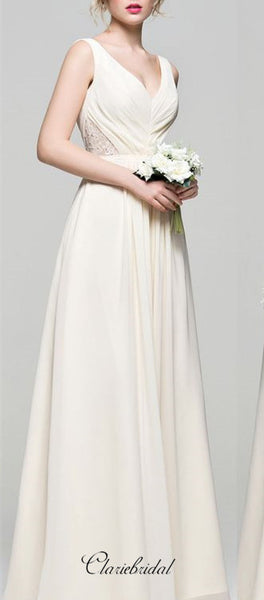 V-neck Long A-line Ivory Chiffon Lace Bridesmaid Dresses