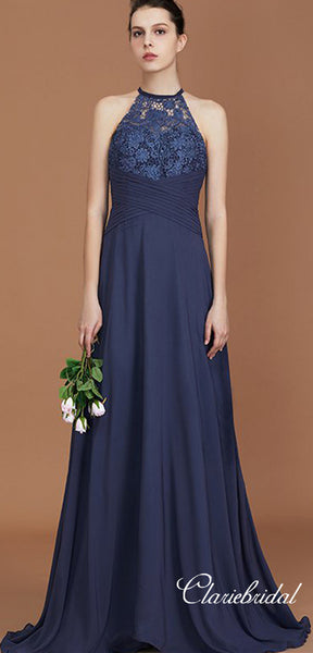 A-line Navy Chiffon Lace Long Bridesmaid Dresses