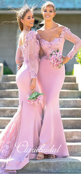 Long Sleeves Pink Mermaid Lace Appliques Bridesmaid Dresses