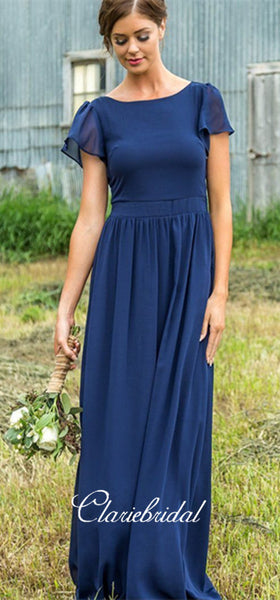 Short Sleeves Fluffy Chiffon A-line Bridesmaid Dresses