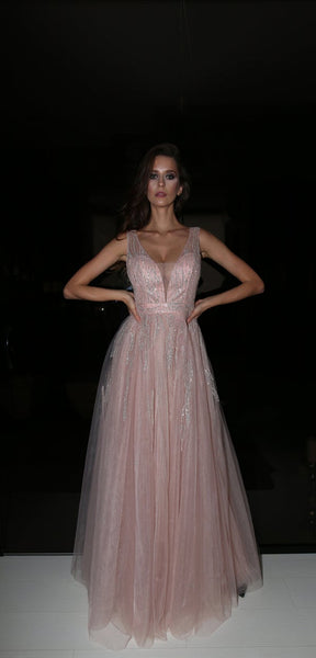 V-neck Pink Tulle Beaded Long Homecoming Dresses, Prom Dresses, Long Prom Dresses