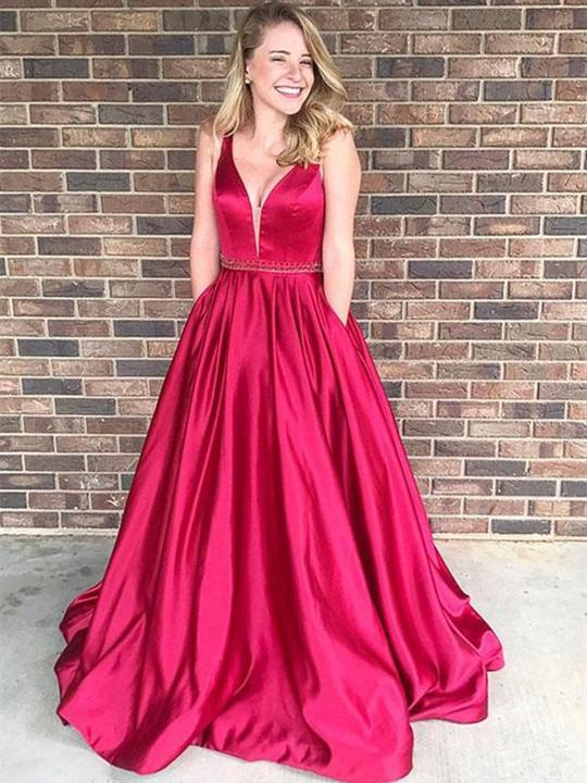 V-neck Long A-line Red Satin Beaded Prom Dresses, Elegant Prom Dresses, Prom Dresses