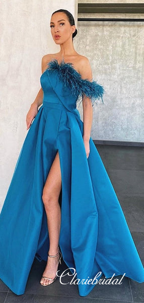 One Shoulder Long A-line Blue Satin Feather Prom Dresses, Side Slit Chic Prom Dresses, Long Prom Dresses