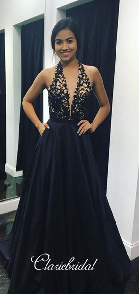 Halter Black Lace Satin Prom Dresses, Popular Prom Dresses, Long Prom Dresses