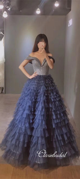 Off Shoulder Long A-line Sequin Top Tulle Prom Dresses, Fluffy Long Prom Dresses, New Style For ClaireBridal