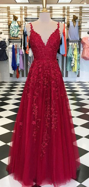 V-neck Long A-line Lace Tulle Prom Dresses, Popular Prom Dresses, Cheap Prom Dresses