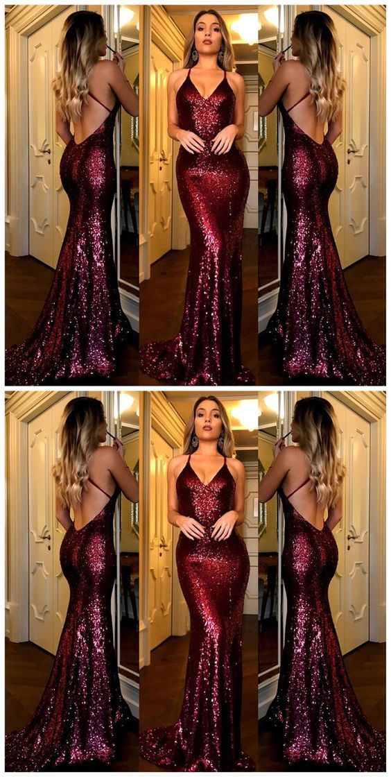 strapless open back dress Cross Back Burgundy Sequin Prom Dresses, Mermaid Prom Dresses, Afforda –  ClaireBridal