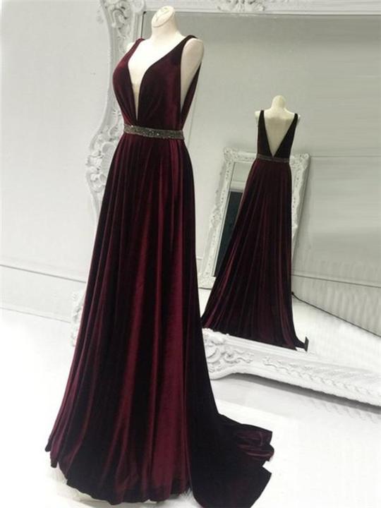 V-neck Burgundy Velvet Prom Dresses, A-line Prom Dresses, Cheap Prom Dresses