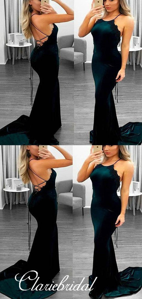 Emerald Green Velvet Prom Dresses, Cross Back Mermaid Prom Dresses, Pr   ClaireBridal