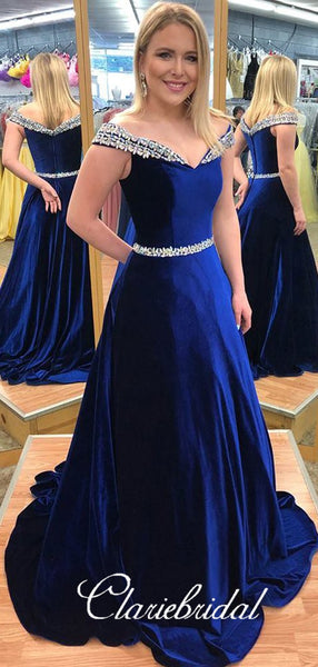 Off Shoulder Royal Blue Velvet Beaded Prom Dresses, Long Prom Dresses