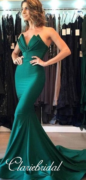 Emerald Green Mermaid Elastic Satin Prom Dresses, Prom Dresses, Long Prom Dresses