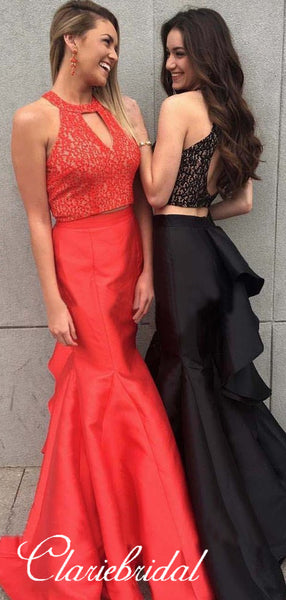 2 Pieces Red Lace Top Prom Dresses, Satin Mermaid Prom Dresses, Long Prom Dresses