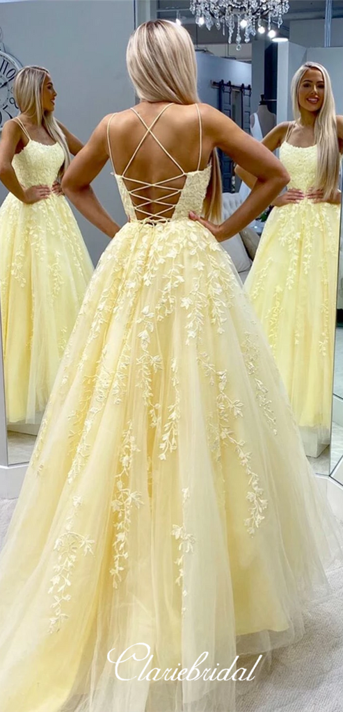 gold prom dresses 2020 Yellow Lace Tulle Long Prom Dresses, Lace UP Prom Dresses, Popular 202 – ClaireBridal