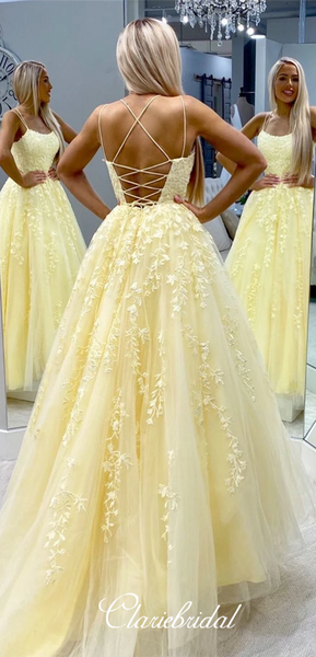 Yellow Lace Tulle Long Prom Dresses, Lace UP Prom Dresses, Popular 2020 Prom Dresses, Long Prom Dresses