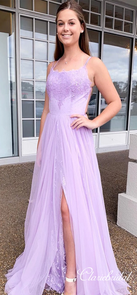 Gorgeous Lilac Lace Tulle Prom Dresses, Beaded Long Prom Dresses, Side Slit Long Prom Dresses