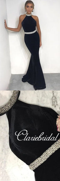 Halter Rhinestone Long Mermaid Velvet Prom Dresses, Elegant Prom Dresses